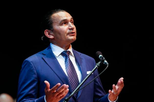 August 16, 2023, WINNIPEG, MANITOBA, CANADA: Wab Kinew, leader of the Manitoba NDP, speaks to party faithful during an event at the Canadian Mennonite University in Winnipeg on Wednesday, August 16, 2023. WINNIPEG CANADA  - ZUMAc35_ 20230816_zaf_c35_065 Copyright: xJohnxWoodsx