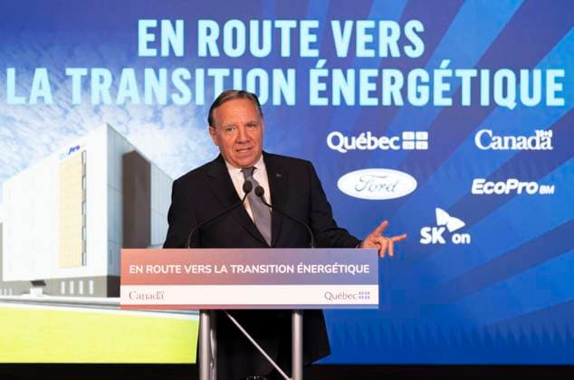 August 17, 2023, BECANCOUR, PQ, Canada: Quebec Premier Francois Legault announces the construction of a new Ford manufacturing plant in Becancour, Que., Thursday, Aug.17, 2023. BECANCOUR Canada  - ZUMAc35_ 20230817_zaf_c35_004 Copyright: xChristinnexMuschix