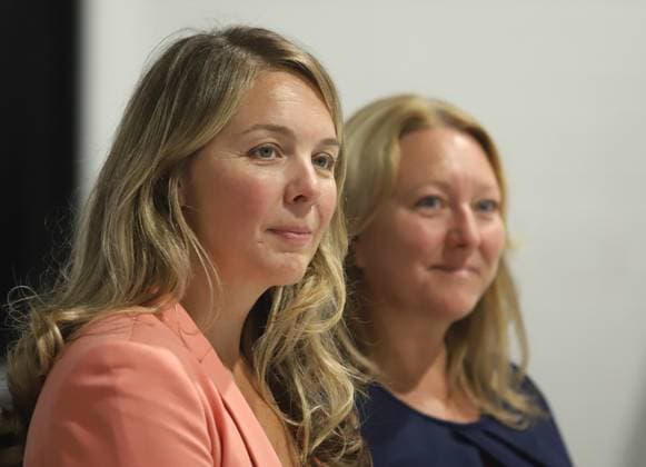 August 17, 2023, Ottawa, ON, Canada: Minister of Families, Children and Social Development, Jenna Sudds, left, and Mona Fortier, Member of Parliament for Ottawa-Vanier, listen to a speaker at the Boys and Girls Club before making an announcement about the Community Services Recovery Fund to help organizations in their post-pandemic recovery in Ottawa on Thursday, August 17, 2023. Ottawa Canada - ZUMAc35_ 20230817_zaf_c35_008 Copyright: xPatrickxDoylex