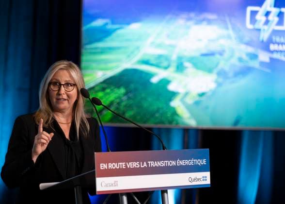 August 17, 2023, BECANCOUR, PQ, Canada: Lisa Drake, vice-president of EV Industrialization for Ford Model e, speaks as they announce the construction of a new Ford manufacturing plant in Becancour, Que., Thursday, Aug.17, 2023. BECANCOUR Canada - ZUMAc35_ 20230817_zaf_c35_027 Copyright: xChristinnexMuschix