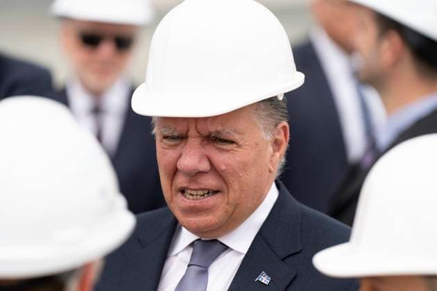 August 17, 2023, BECANCOUR, PQ, Canada: Quebec Premier Francois Legault wears a hard hat as he arrives to break ground on the construction site of the new Ford manufacturing plant in Becancour, Que., Thursday, Aug.17, 2023. BECANCOUR Canada  - ZUMAc35_ 20230817_zaf_c35_030 Copyright: xChristinnexMuschix