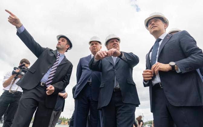 August 17, 2023, BECANCOUR, PQ, Canada: SNC Lavalin project manager David Barrie (left to right), shows Quebec Economy and Innovation Minister Pierre Fitzgibbon, Quebec Premier Francois Legault, and Minister of Innovation, Science and Industry Francois-Philippe Champagne the construction site of the new Ford manufacturing plant in Becancour, Que., Thursday, Aug.17, 2023. BECANCOUR Canada - ZUMAc35_ 20230817_zaf_c35_031 Copyright: xChristinnexMuschix