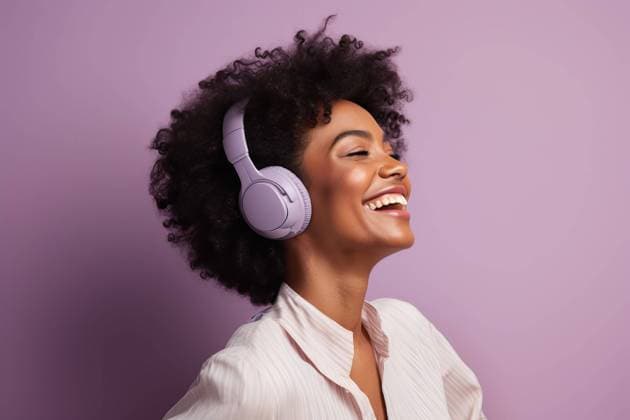 Black woman enjoying music with a joyful expression on a vibrant purple backdrop while looking away. Generative AI Model Released MarcosOsorio_ID16137_491143_006 Copyright: xMarcosxOsoriox RECORD DATE NOT STATED
