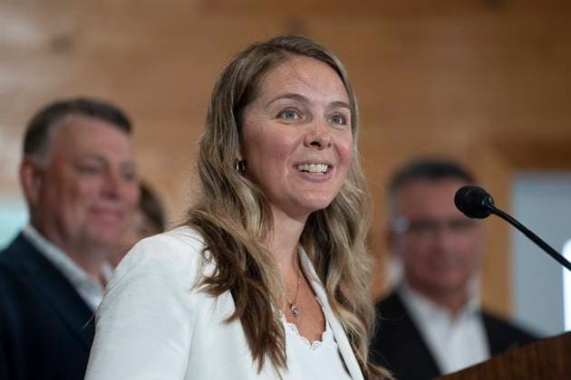August 21, 2023, Cornwall, PEI, Canada: Jenna Sudds, Minister of Families, Children and Social Development, looks on as Prime Minister Justin Trudeau makes an announcement at the Island Montessori Academy in Cornwall, P.E.I., Monday, Aug. 21, 2023. Cornwall Canada - ZUMAc35_ 20230821_zaf_c35_033 Copyright: xDarrenxCalabresex