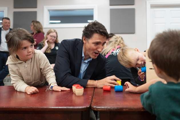 August 21, 2023, Cornwall, PEI, Canada: Prime Minister Justin Trudeau plays with children before an announcement at the Island Montessori Academy in Cornwall, P.E.I., Monday, Aug. 21, 2023. Cornwall Canada  - ZUMAc35_ 20230821_zaf_c35_035 Copyright: xDarrenxCalabresex