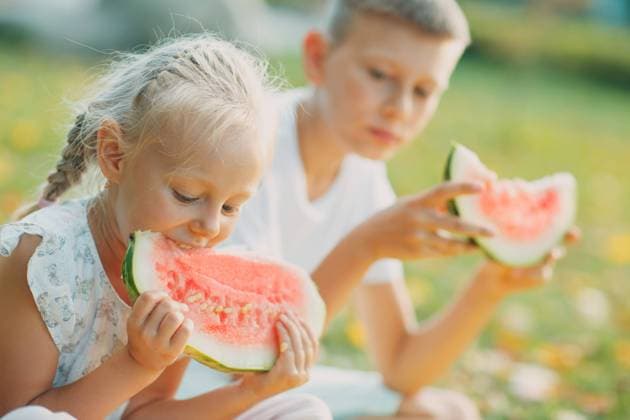 Funny little toddler kids brother and sister eating watermelon on the park. Happy boy and girl together. Childhood, Family, Healthy Diet Concept. Funny little toddler kids brother and sister eating watermelon on the park. Happy boy and girl together. Childhood, Family, Healthy Diet Concept ,model released, Symbolfoto Copyright: xZoonar.com Maxx 17497507 ,model released, Symbolfoto ,property released