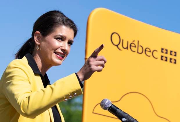 August 22, 2023, MONTREAL, PQ, Canada: Deputy Premier and Minister of Transport and Sustainable Mobility Genevieve Guilbault, speaks about new road safety measures at a press conference in Montreal, Tuesday, Aug. 22, 2023. MONTREAL Canada  - ZUMAc35_ 20230822_zaf_c35_021 Copyright: xChristinnexMuschix
