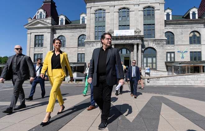 August 22, 2023, MONTREAL, PQ, Canada: Deputy Premier and Minister of Transport and Sustainable Mobility Genevieve Guilbault, centre and Quebec Education Minister Bernard Drainville, right, arrive for a press conference to speak about new road safety measures, in Montreal, Tuesday, Aug. 22, 2023. MONTREAL Canada - ZUMAc35_ 20230822_zaf_c35_019 Copyright: xChristinnexMuschix