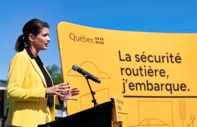 August 22, 2023, MONTREAL, PQ, Canada: Deputy Premier and Minister of Transport and Sustainable Mobility Genevieve Guilbault, speaks about new road safety measures at a press conference in Montreal, Tuesday, Aug. 22, 2023. MONTREAL Canada  - ZUMAc35_ 20230822_zaf_c35_020 Copyright: xChristinnexMuschix