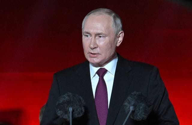 Russia Putin WWII Kursk Battle Anniversary 8501845 23.08.2023 Russian President Vladimir Putin delivers a speech during a ceremony to unveil the first phase of the Battle of Kursk memorial complex on the day of the 80th anniversary of the end of the battle in the World War Two, in the settlement of Ponyri, Kursk region, Russia. Maksim Blinov Sputnik Kursk region Russia  Copyright: xMaksimxBlinovx