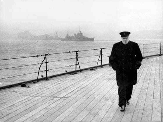 British Prime Minister Winston Churchill, full-length, walking deck of H.M.S. Prince of Wales after Atlantic Charter meeting with U.S. President Franklin Roosevelt, August 1941  Copyright: xCircaxImagesx ghi-circa11779