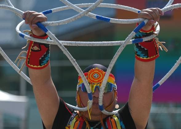 2Spirit Powwow Opens Edmonton Pride 2023 EDMONTON, CANADA - AUGUST 24, 2023: Lakota Tootoosis of the Poundmaker Cree Nation performs a hoop dance performance at the Beaver Hills 2Spirit Powwow during Edmonton s Pride Festival, on August 24, 2023, in Edmonton, Alberta, Canada. The hoop dance is a form of storytelling dance that incorporates various formations such as the butterfly, eagle, and the world, among others. As the performance unfolds, you re invited to use your imagination and witness a captivating transformation of images. Edmonton Canada Copyright: xArturxWidakx originalFilename: widak-2spiritp230824_npL8n.jpg