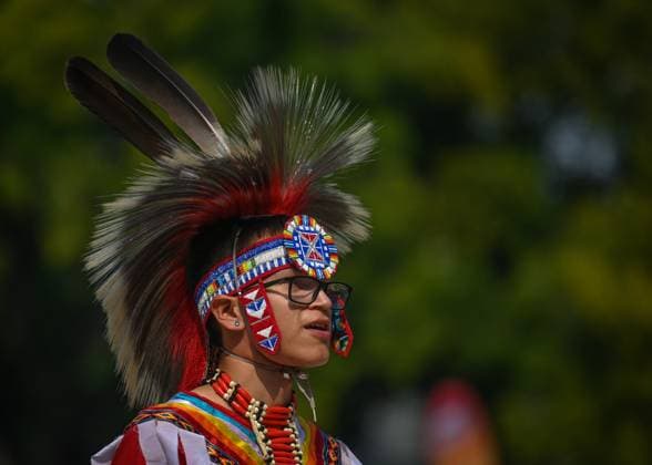 2Spirit Powwow Opens Edmonton Pride 2023 EDMONTON, CANADA - AUGUST 24, 2023: Men s Fancy Dancer during the Beaver Hills 2Spirit Powwow in Edmonton s Churchill Square on the opening day of the Edmonton Pride Festival, on August 24, 2023, in Edmonton, Alberta, Canada. Edmonton Canada  Copyright: xArturxWidakx originalFilename: widak-2spiritp230824_npb01.jpg