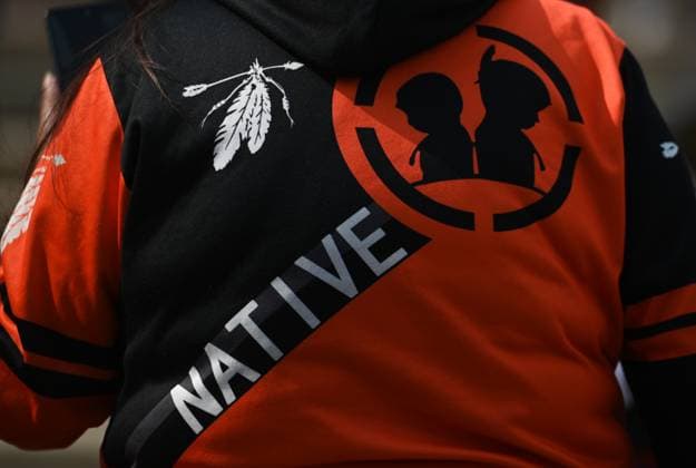 2Spirit Powwow Opens Edmonton Pride 2023 EDMONTON, CANADA - AUGUST 24, 2023: A member of the First Nation wearing a hoodie with an inscription Native during the Beaver Hills 2Spirit Powwow in Edmonton s Churchill Square on the opening day of the Edmonton Pride Festival, on August 24, 2023, in Edmonton, Alberta, Canada. Edmonton Canada  Copyright: xArturxWidakx originalFilename: widak-2spiritp230824_npHB1.jpg