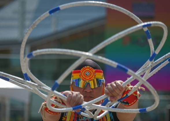 2Spirit Powwow Opens Edmonton Pride 2023 EDMONTON, CANADA - AUGUST 24, 2023: Lakota Tootoosis of the Poundmaker Cree Nation performs a hoop dance performance at the Beaver Hills 2Spirit Powwow during Edmonton s Pride Festival, on August 24, 2023, in Edmonton, Alberta, Canada. The hoop dance is a form of storytelling dance that incorporates various formations such as the butterfly, eagle, and the world, among others. As the performance unfolds, you re invited to use your imagination and witness a captivating transformation of images. Edmonton Canada Copyright: xArturxWidakx originalFilename: widak-2spiritp230824_nps58.jpg