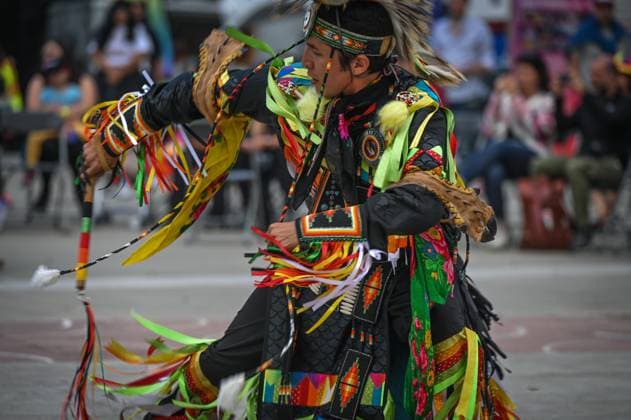 2Spirit Powwow Opens Edmonton Pride 2023 EDMONTON, CANADA - AUGUST 24, 2023: Men s Fancy Dancer during the Beaver Hills 2Spirit Powwow in Edmonton s Churchill Square on the opening day of the Edmonton Pride Festival, on August 24, 2023, in Edmonton, Alberta, Canada. Edmonton Canada  Copyright: xArturxWidakx originalFilename: widak-2spiritp230824_npEBZ.jpg