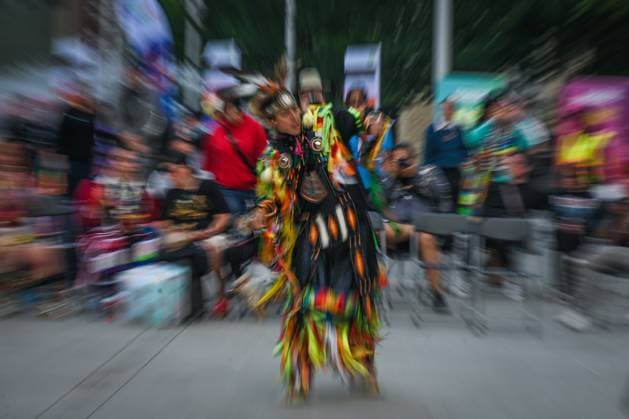 2Spirit Powwow Opens Edmonton Pride 2023 EDMONTON, CANADA - AUGUST 24, 2023: Men s Fancy Dancer during the Beaver Hills 2Spirit Powwow in Edmonton s Churchill Square on the opening day of the Edmonton Pride Festival, on August 24, 2023, in Edmonton, Alberta, Canada. Edmonton Canada  Copyright: xArturxWidakx originalFilename: widak-2spiritp230824_npFU2.jpg