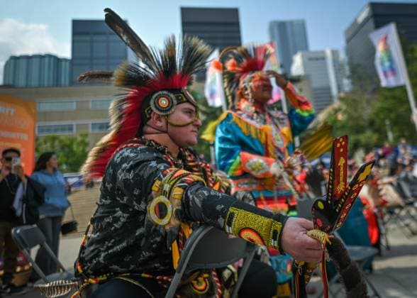 2Spirit Powwow Opens Edmonton Pride 2023 EDMONTON, CANADA - AUGUST 24, 2023: Men s Fancy Dancers during the Beaver Hills 2Spirit Powwow in Edmonton s Churchill Square on the opening day of the Edmonton Pride Festival, on August 24, 2023, in Edmonton, Alberta, Canada. Edmonton Canada  Copyright: xArturxWidakx originalFilename: widak-2spiritp230824_npki3.jpg