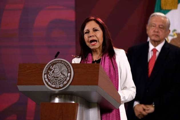 The president of Mexico, Andres Manuel Lopez Obrador in conference with reporters August 28, 2023, Mexico City, Mexico: The Secretary of Public Education, Leticia Ramirez, at the press conference before reporters at the National Palace in Mexico City. on August 28, 2023 in Mexico City, Mexico, Credit:Luis Barron Eyepix Group Avalon Mexico, Mexico City, Mexico City Copyright: xLuisxBarronx xEyepixxGroupx xAvalonx 0800764840