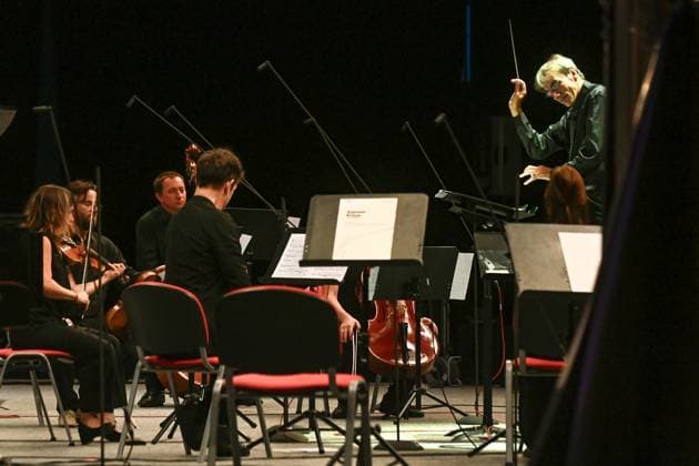French conductor Bruno Ferrandis, right, during the concert of Ostravska banda I during the Ostrava Days Music of Today Festival in Ostrava, Czech Republic, August 28, 2023. (CTKxPhoto JaroslavxOzana) CTKPhotoP2023082807244  CTKPhotoP2023082807244