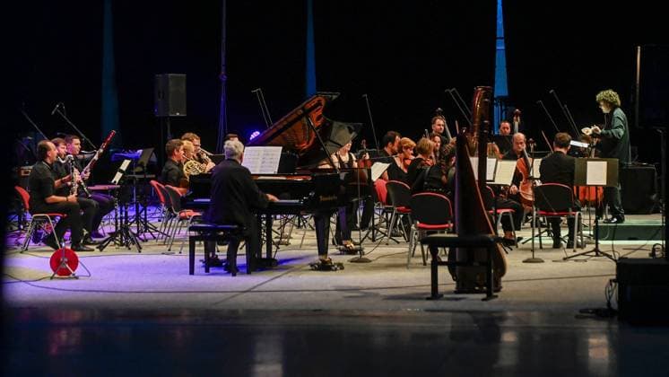 Czech conductor Jiri Rozen, right, during the concert of Ostravska banda I during the Ostrava Days Music of Today Festival in Ostrava, Czech Republic, August 28, 2023. (CTKxPhoto JaroslavxOzana) CTKPhotoP2023082807043  CTKPhotoP2023082807043