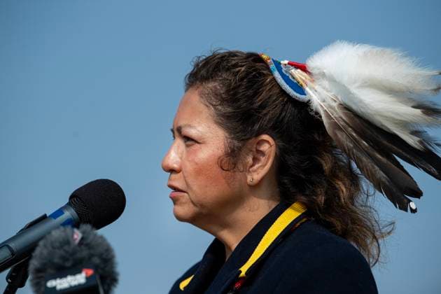 Kanada, Vertreter Indigener Völker gegen Klage gegen Nation Resources Transfer Act bekannt August 29, 2023, Saskatoon, SK, CAN: Cowessess First Nation Chief Erica Beaudin during a media event announcing that the Federation of Sovereign Indigenous Nations (FSIN) announced their intent to file a lawsuit against the federal and provincial governments saying the nation resources transfer act infringes on treaty rights at the FSIN in Saskatoon, Sask., Tuesday, Aug. 29, 2023. Saskatoon CAN  - ZUMAc35_ 20230829_zaf_c35_030 Copyright: xLiamxRichardsx