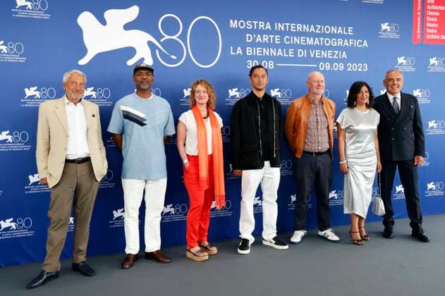 Roberto Cicutto, Kahlil Joseph, Tricia Tuttle, Jonas Carpignano, Jean Paul Salome, Kaouther Ben Hania and Alberto Barbera at the Orizzonti Award Jury Photocall for Best Debut Film at the Biennale di Venezia 2023 80 Venice International Film Festival at Palazzo del Casino Venice, 30 08 2023. Foto:xD.xBedrosianx xFuturexImagex orizzonti_jury_3801
