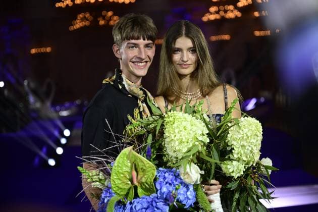 The final of the Schwarzkopf Elite Model Look 2023, world modeling competition, was held on August 30, 2023, in Prague, Czech Republic. On the photo pose winners for Slovakia Ivo Korcak, left, and Zuzana Kistyova. (CTKxPhoto RomanxVondrous) CTKPhotoP2023083009200  CTKPhotoP2023083009200