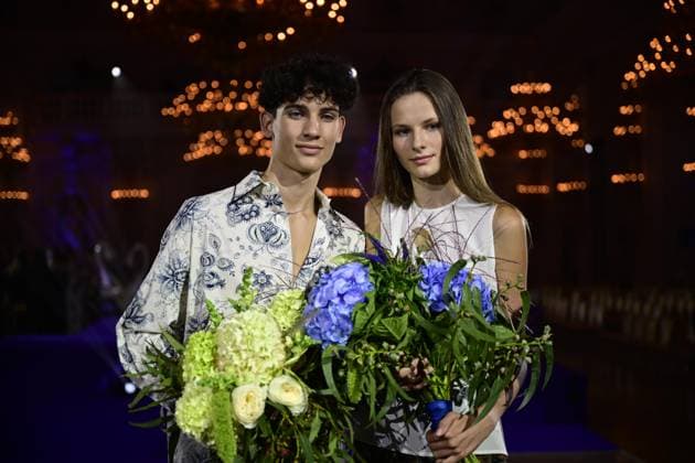 The final of the Schwarzkopf Elite Model Look 2023, world modeling competition, was held on August 30, 2023, in Prague, Czech Republic. On the photo pose winners for Czech Republic Filip Kocabek, left, and Aneta Matuskova. (CTKxPhoto RomanxVondrous) CTKPhotoP2023083009201  CTKPhotoP2023083009201