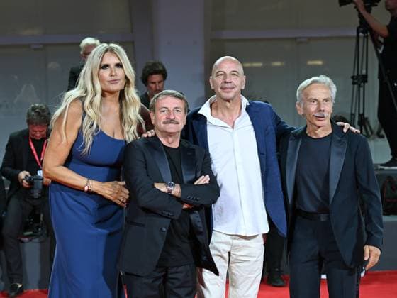 Venice, 80th Venice Film Festival 2023 - Evening 5 - red carpet Filming Italy. In the photo Giacomo Poretti, Aldo Baglio, Giovanni Storti with Tiziana Rocca  Copyright: xManuelexMangiarottix xipa-agencyx xPoolxPhotoxEventsx02x IPA_IPA40045313
