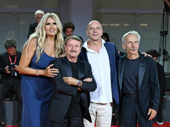 Venice, 80th Venice Film Festival 2023 - Evening 5 - red carpet Filming Italy. In the photo Giacomo Poretti, Aldo Baglio, Giovanni Storti with Tiziana Rocca  Copyright: xManuelexMangiarottix xipa-agencyx xPoolxPhotoxEventsx02x IPA_IPA40045318