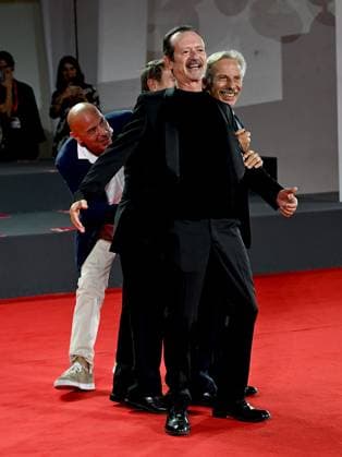 Venice, 80th Venice Film Festival 2023 - Evening 5 - red carpet Filming Italy. In the photo Giacomo Poretti, Aldo Baglio, Giovanni Storti with Rocco Papaleo  Copyright: xManuelexMangiarottix xipa-agencyx xPoolxPhotoxEventsx02x IPA_IPA40045321