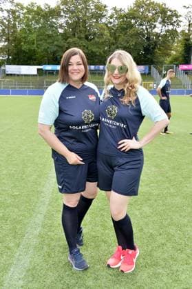 Katharina Fegebank Second Mayor of the Free and Hanseatic City of Hamburg and Sandra Quadflieg at the charity soccer match Kicken mit Herz for the benefit of the childrens cardiac ward of the University Hospital Eppendorf in Hamburg on 03 09 2023
