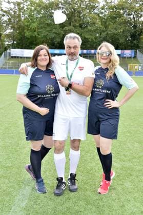 Katharina Fegebank Second Mayor of the Free and Hanseatic City of Hamburg, Prof Dr Thomas Mir and Sandra Quadflieg at the charity soccer match Kicken mit Herz for the benefit of the childrens cardiac ward of the University Hospital Eppendorf in Hamburg on 03 09 2023