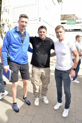 Steffen Hallaschka, Tim Maelzer and Thorsten Helmer at the charity soccer match Kicken mit Herz for the benefit of the childrens cardiac ward of the University Hospital Eppendorf in Hamburg on 03 09 2023