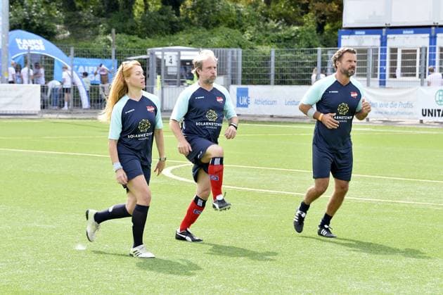 Esther Roling, Bjarne Maedel and Stephan Luca at the charity soccer match Kicken mit Herz for the benefit of the childrens cardiac ward of the University Hospital Eppendorf in Hamburg on 03 09 2023