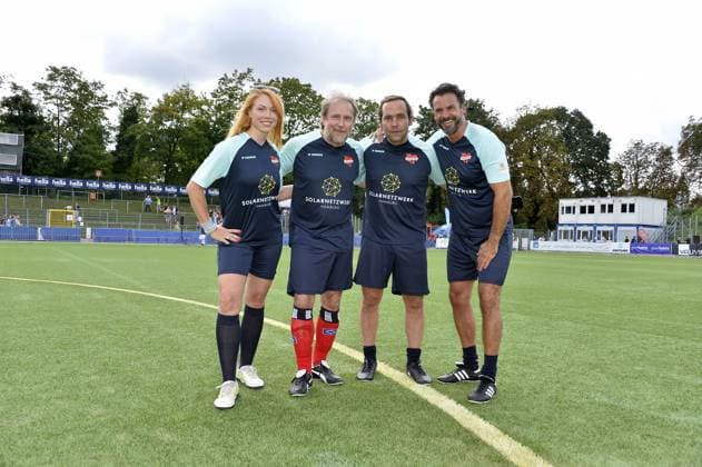 Esther Roling, Bjarne Maedel, Axel Bosse and Stephan Luca at the charity soccer match Kicken mit Herz for the benefit of the childrens cardiac ward of the University Hospital Eppendorf in Hamburg on 03 09 2023