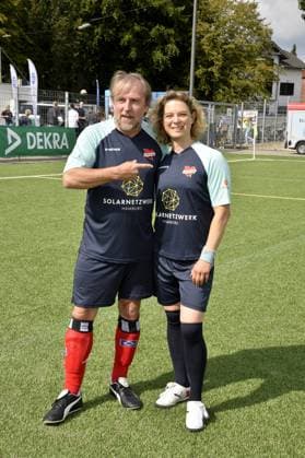 Bjarne Maedel and Anjorka Strechel at the charity soccer match Kicken mit Herz for the benefit of the childrens heart ward of the University Hospital Eppendorf in Hamburg on 03 09 2023