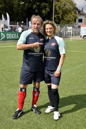 Bjarne Maedel and Anjorka Strechel at the charity soccer match Kicken mit Herz for the benefit of the childrens heart ward of the University Hospital Eppendorf in Hamburg on 03 09 2023