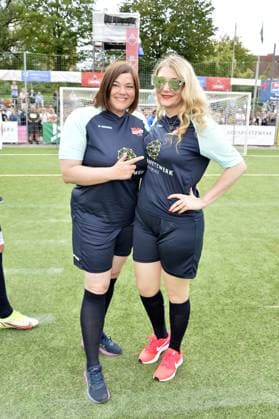 Katharina Fegebank Second Mayor of the Free and Hanseatic City of Hamburg and Sandra Quadflieg at the charity soccer match Kicken mit Herz for the benefit of the childrens cardiac ward of the University Hospital Eppendorf in Hamburg on 03 09 2023