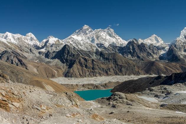 Broad view of Mount Everest, Lhotse, Makalu and other peaks of the Mahalangur Himal View from the approach of Renjo La (5410m) towards East. Three eight-thousanders: Mount Everest, Lhotse and Makalu. Khumbutse (6636m) and Pumori on the left-hand side, Nuptse (7861m) in the middle, in-front of Mount Everest and Lhotse. Makalu on the right side and Kangchungtse left of it. Below is the settlement of Gokyo, the Gokyo Lake and Ngozumpa - the longest glacier of the Himalayas. Three Passes Trek. Sagarmatha National Park - UNESCO World Heritage Site. Everest Region, Solukhumbu, Nepal. Copyright: xZoonar.com RadekxKucharskix 17328488