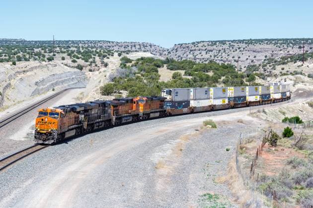 BNSF Railway freight train with containers Train Railroad at Abo Pass in New Mexico, USA Abo, USA 9 May 2023 BNSF Railway freight train with containers Train Railroad at Abo Pass in New Mexico, USA