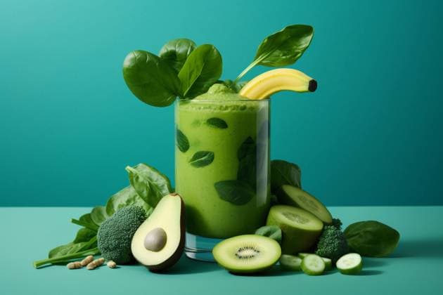 Generative AI illustration of refreshing beverage in glass surrounded with fresh fruits, vegetables and mint leaves on blue background Model Released TheTrioStudio_ID15625_474873_012 Copyright: xThexTrioxStudiox RECORD DATE NOT STATED