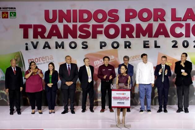 Claudia Sheinbaum Pardo, designated as presidential candidate by the Movement of the Fourth Transformation September 6, 2023, Mexico City, Mexico: The president of the National Regeneration Movement Party, Mario Delgado, announcing Claudia Sheinbaum Pardo as the candidate for the presidency for 2024 for the National Regeneration Movement Party, Green Party, and Labor Party in the press conference at the WTC in Mexico City. on September 6, 2023 in Mexico City, Mexico (Photo by Luis Barron Eyepix Group). Copyright: xLuisxBarronx xEyepixxGroupx LB_20230906_CSP23
