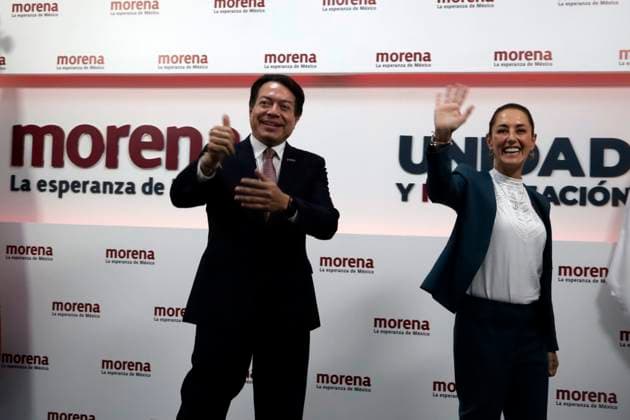 September 7, 2023, Mexico City, Mexico: The president of the National Regeneration Movement Party, Mario Delgado and Claudia Sheinbaum Pardo, his party s presidential candidate, at a press conference at the Movimiento de Regeneracion Nacional party headquarters in Mexico City. on September 7, 2023 in Mexico City, Mexico Mexico City Mexico - ZUMAe321 20230907_zia_e321_059 Copyright: xLuisxBarronx