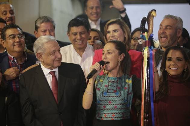 September 8, 2023, Mexico City, Mexico City, Mexico: ANDRES MANUEL LOPEZ OBRADOR president of the United Mexican States, watching CLAUDIA SHEINBAUM PARDO as he addresses a few words Mexico City Mexico - ZUMAs310 20230908_zip_s310_001 Copyright: xLuisxExSalgadox