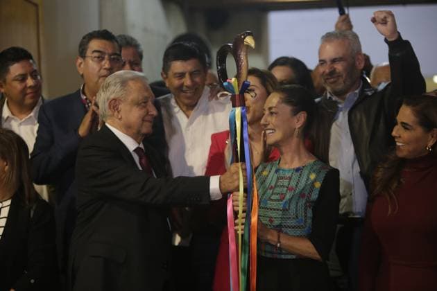September 8, 2023, Mexico City, Mexico City, Mexico: ANDRES MANUEL LOPEZ OBRADOR, President of the United Mexican States, hands over the baton to CLAUDIA SHEINBAUM PARDO. Mexico City Mexico - ZUMAs310 20230908_zip_s310_011 Copyright: xLuisxExSalgadox