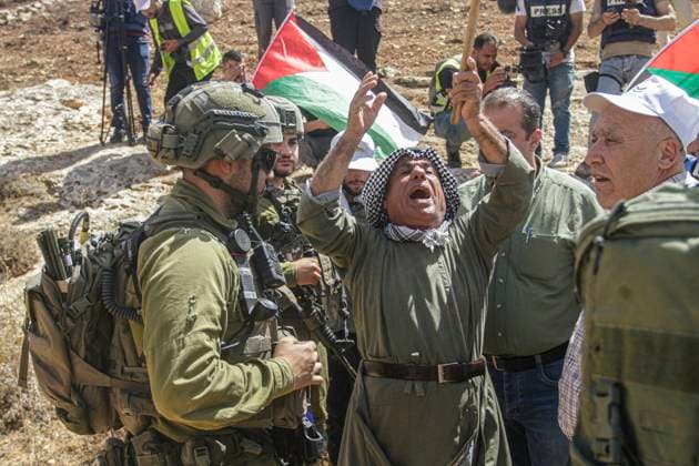 Bilder des Jahres 2023, News 09 September News Themen der Woche KW36 News Bilder des Tages September 8, 2023, Nablus, West Bank, Palestine: Palestinian protesters confront Israeli soldiers during the demonstration against Israeli settlements in the village of Beit Dajan near the West Bank city of Nablus. Nablus Palestine - ZUMAs197 20230908_aaa_s197_077 Copyright: xNasserxIshtayehx