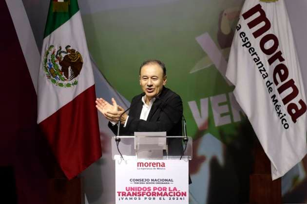 Claudia Sheinbaum Pardo receives confirmation as a presidential candidate in Mexico September 10, 2023, Mexico City, Mexico: Alfonso Durazo, president of the National Council of the National Regeneration Movement party in the session for the delivery of the certificate as a candidate for the Defense of Transformation by the National Regeneration Movement party or presidential candidate in the National Council at the WTC in Mexico City. on September 10, 2023 in Mexico City, Mexico (Photo by Luis Barron Eyepix Group). Copyright: xLuisxBarronx xEyepixxGroupx LB_20230910_SHEINBAUM20