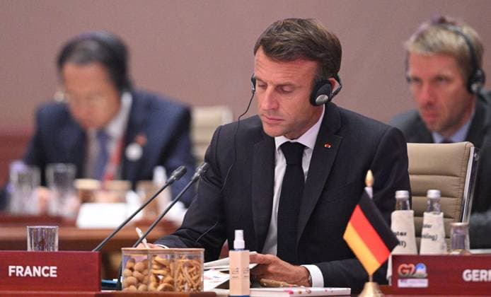 Bilder des Jahres 2023, News 09 September News Themen der Woche KW36 News Bilder des Tages India G20 Summit 8514056 10.09.2023 French President Emmanuel Macron attends the third session One Future of the G20 Summit in New Delhi, India. Ramil Sitdikov Sputnik New Delhi India  Copyright: xRamilxSitdikovx